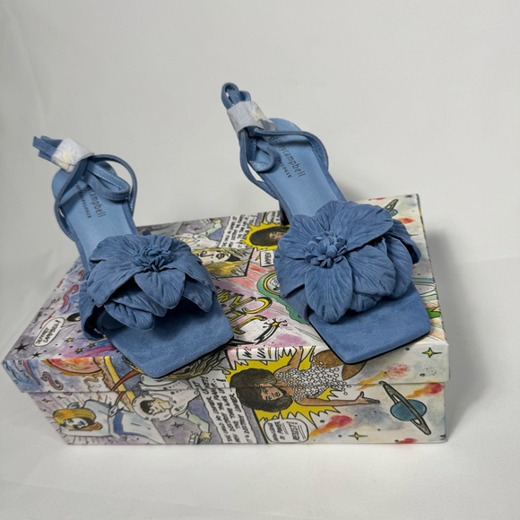 New Jeffrey Campbel Essence Kitten Heels Blue Suede Floral Anthro Womens - Picture 6 of 16